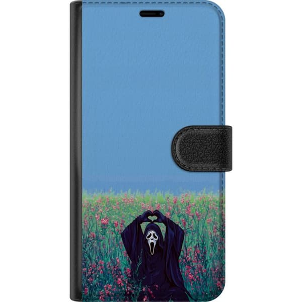 Kompatibel Tegnebogsetui til Apple iPhone 15 Skrækfigur i sort dragt blandt lyserøde blomster, der former et hjerte med hænderne under en blå himmel blå