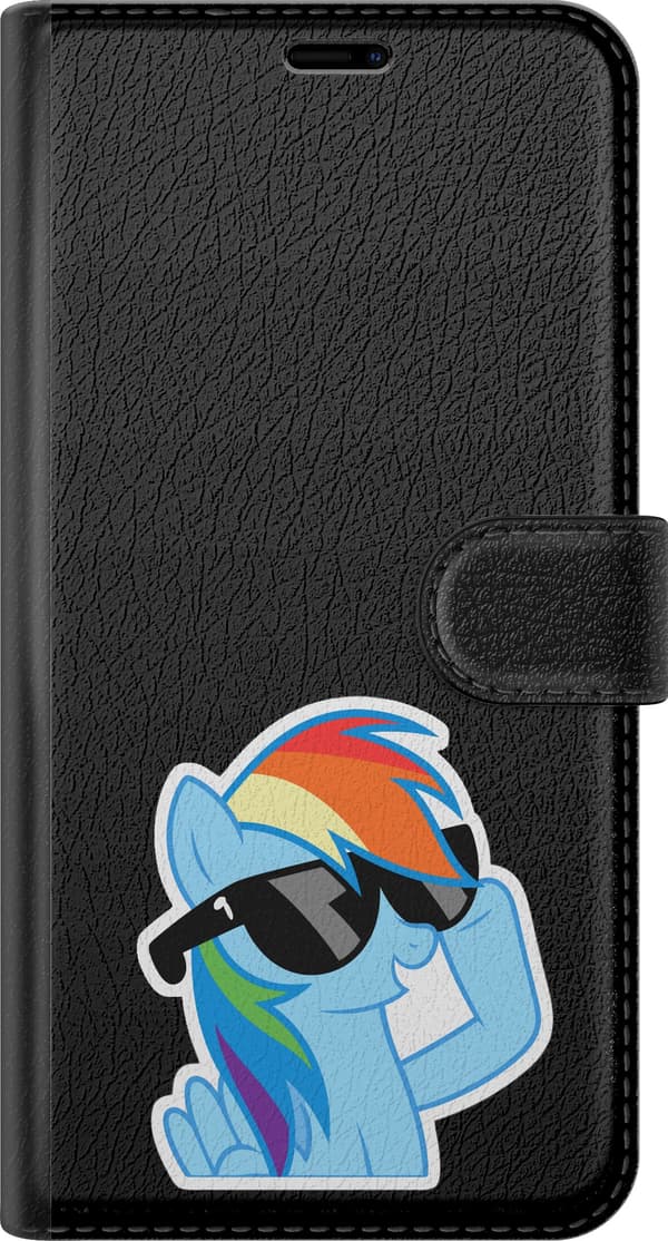 Kompatibel Tegnebogsetui til Apple iPhone 15 Plus Solbrillepony - Blåt motiv med blå pony med solbriller. blå