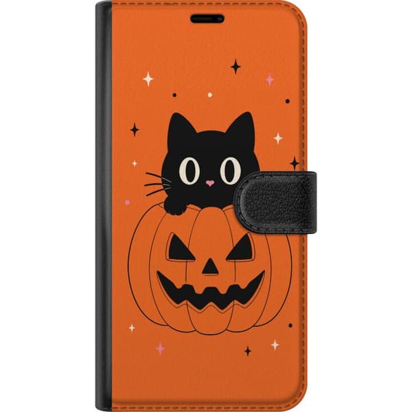 Kompatibel Tegnebogsetui til Nothing Phone 4a Pro Sort kat og halloween-græskar med stjerner på orange baggrund orange