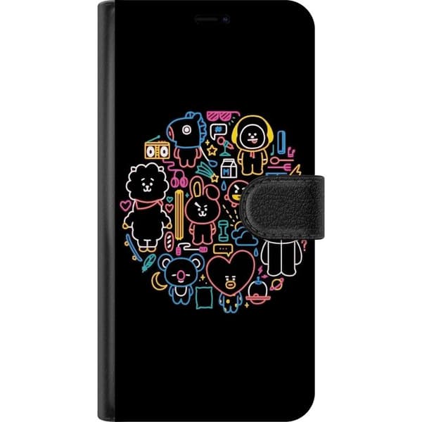 Kompatibel Tegnebogsetui til Apple iPhone SE (2016) Farverige neonfigurer og små symboler på sort baggrund, legende figurcollage sort