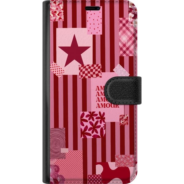Kompatibel Tegnebogsetui til OnePlus Nord 2 5G Rosa og rødt collage med stjerne, hjerter, blomster, ruder og teksten Amour pink