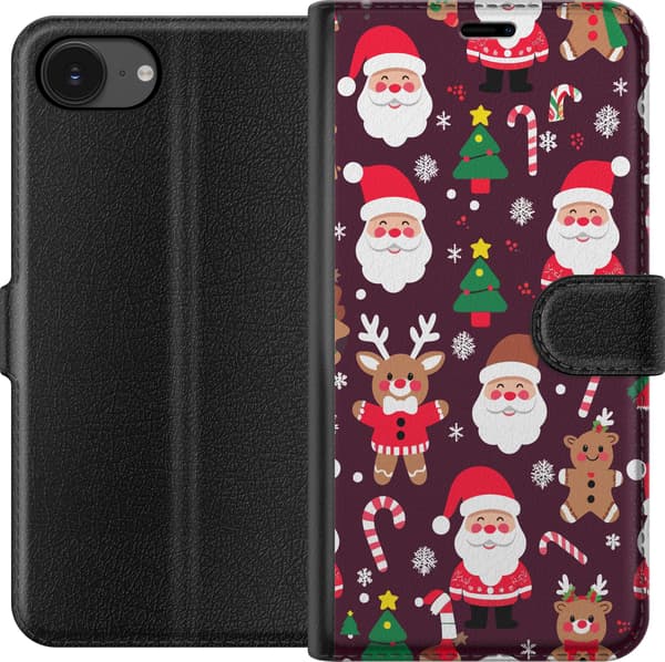 Kompatibelt Plånboksfodral till Apple iPhone 16e Christmas Pattern julmönster med tomtar renar och pepparkakor i tecknad vinterstil