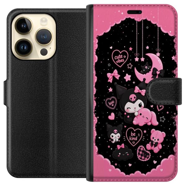 Kompatibel Tegnebogsetui til Apple iPhone 15 Pro Søde lyserøde og sorte gothfigurer med hjerter, måne, stjerner og positiv tekst sort