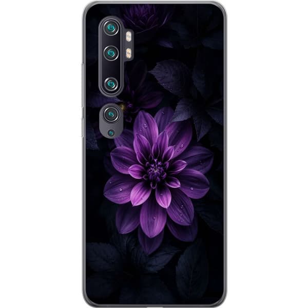 Kompatibelt Mobildeksel til Xiaomi Mi Note 10 Dramatisk lilla blomsten med blanke vanndråper og mørke blader i dype fiolettoner lila