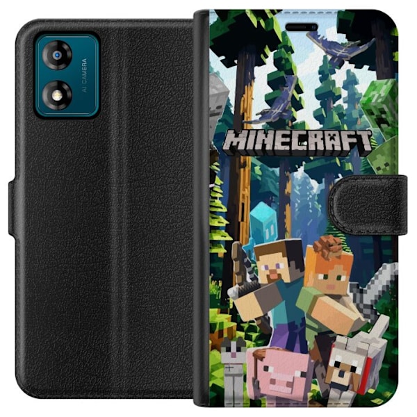 Motorola Moto E13 Lompakkokotelo Minecraft-matkapuhelinkotelo metsällä ja pikselityylisillä hahmoilla