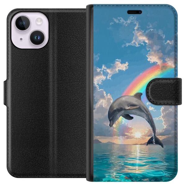 Kompatibelt Plånboksfodral till Apple iPhone 14 Realistisk delfin framför regnbåge över lugnt hav blå