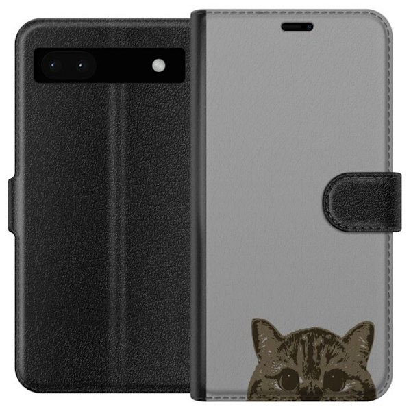 Google Pixel 6a Lompakkokotelo Harmaa kissan katse - tyylikäs kissa suunnittelu harmaalla taustalla