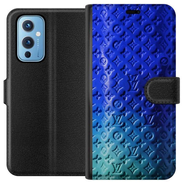Kompatibel Tegnebogsetui til OnePlus 9 Blåt luksuriøst monogrammønster med elegant præget struktur blå