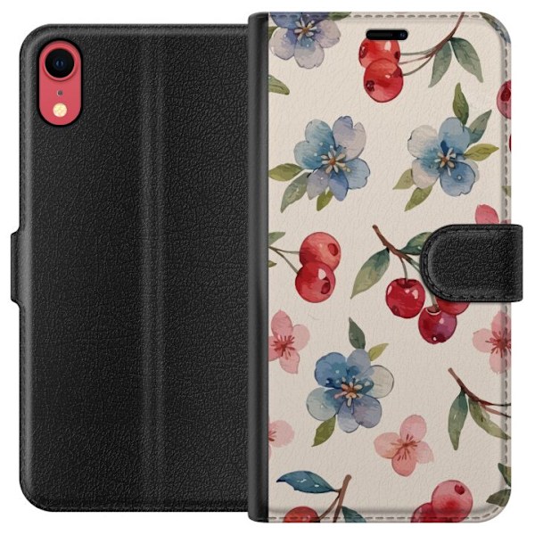 Apple iPhone XR Tegnebogsetui Bær & Blomster - mønster med blå blomster og skovbær