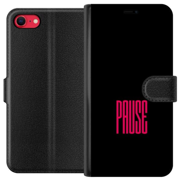 Kompatibel Tegnebogsetui til Apple iPhone 8 Sort baggrund med stærk pink Pause-tekst, minimalistisk typografisk motiv med moderne grafisk design sort