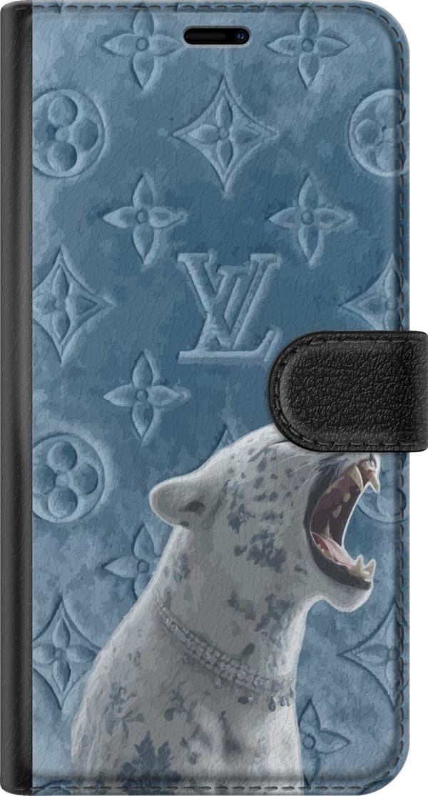 Kompatibelt Plånboksfodral till Apple iPhone 16 Exklusiv vit leopard med blå detaljer och elegant mönstrad bakgrund blå