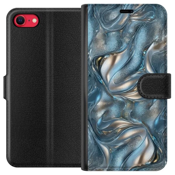 Kompatibelt Plånboksfodral till Apple iPhone 7 Abstrakt flytande krom i silver och blå metallic-effekt silver