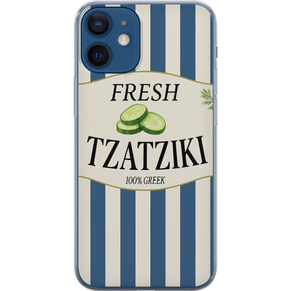 Kompatibelt Mobildeksel til Apple iPhone 12 mini Tzatziki gresk matplakat agurk yoghurtdipp blåhvite striper kjøkkendekor retro illustrasjon kjøkken