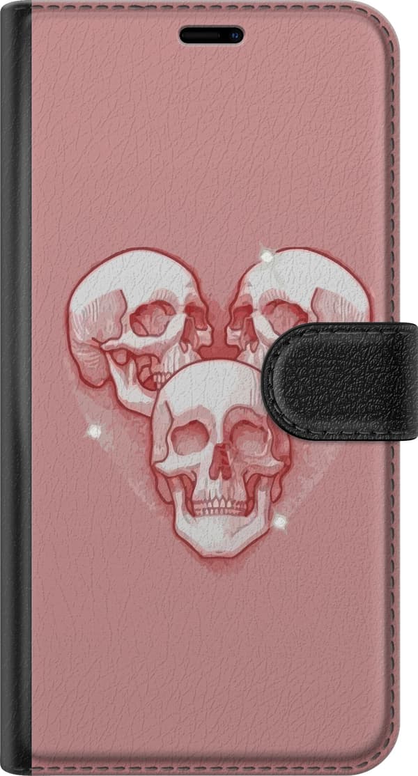 Kompatibel Tegnebogsetui til Apple iPhone 11 Pro Max Lyserødt motiv med tre kranier formet som et hjerte og glitrende stjernedetaljer pink