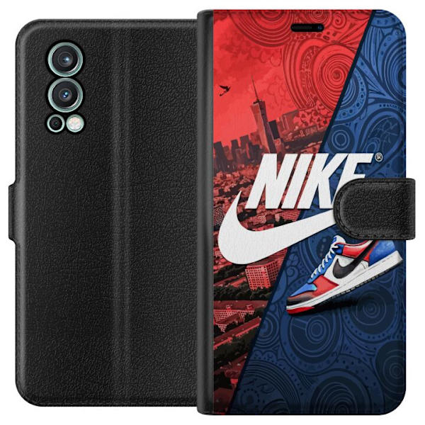 OnePlus Nord 2 5G Tegnebogsetui  Nike Logo Rød Blå Sneakers Stil Sport Mode Populært Swoosh Motiv Træningstøj Grafisk Ikon
