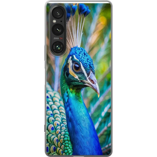 Sony Xperia 1 V Genomskinligt Skal Påfågel Fjädrar Färgstark Design Fågelmotiv Exotiskt Grafiskt Motiv Natur Lyxig Dekoration
