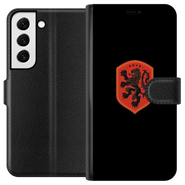Kompatibel Tegnebogsetui til Samsung Galaxy S22 5G Orange skjold med sort heraldisk løve mod sort baggrund sort