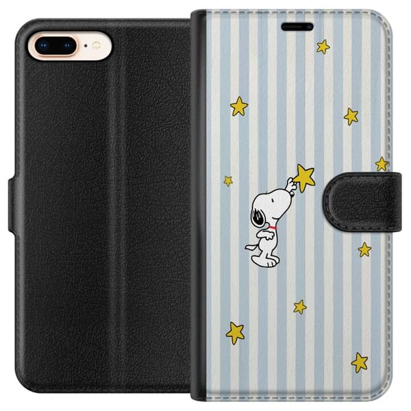 Kompatibel Tegnebogsetui til Apple iPhone 8 Plus Tegnet hvid hund, der rækker ud efter gule stjerner på blåhvidstribet baggrund blå