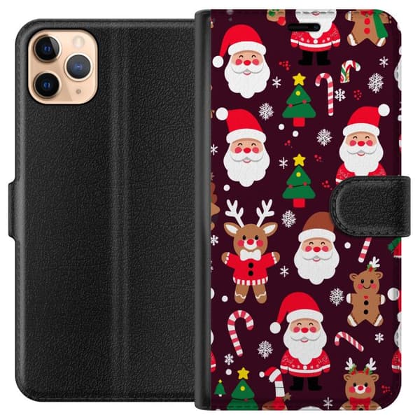Kompatibelt Plånboksfodral till Apple iPhone 11 Pro Max Christmas Pattern julmönster med tomtar renar och pepparkakor i tecknad vinterstil
