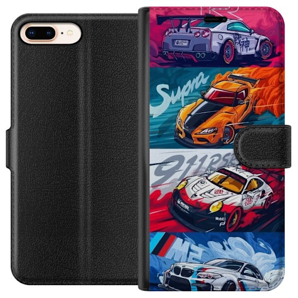 Apple iPhone 8 Plus Lompakkokotelo Nopeat Autot - Piirretty Kuvio Toiminnalla