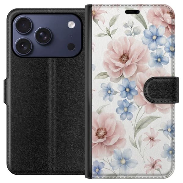Kompatibel Tegnebogsetui til Apple iPhone 17 Pro Romantiske lyserøde og blå blomster i bløde pastelfarver med elegant botanisk motiv til mobilcovers pink