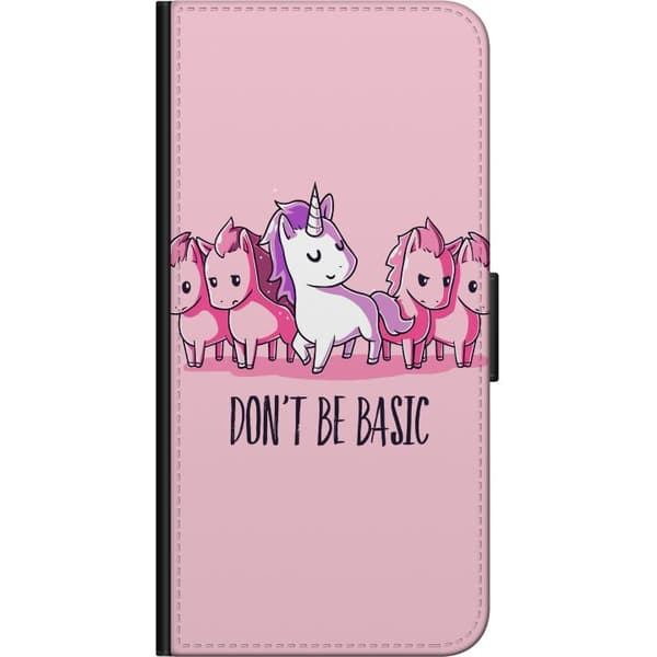 Kompatibel Tegnebogsetui til Huawei P40 lite E Hvid enhjørning blandt lyserøde heste med teksten Don't Be Basic mod en lyserød baggrund, legende og h pink