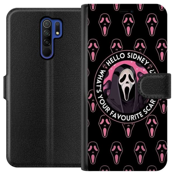 Kompatibel Tegnebogsetui til Xiaomi Redmi 9 Sort og rosa skrækmotiv med maskerede figurer og teksten Hello Sidney sort