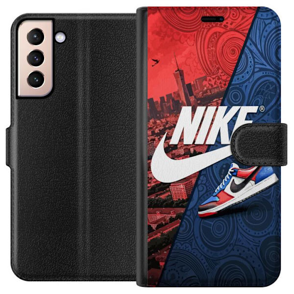 Samsung Galaxy S21 Plånboksfodral Nike Logotyp Röd Blå Sneaker Stil Sport Fashion Populärt Swoosh Motiv Träningskläder Grafisk Ikon