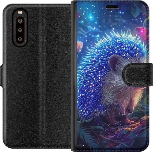 Kompatibelt Lommeboketui til Sony Xperia 10 II Pinnsvin med blålysende pigger blant planter og stjernelignende lyspunkter blå