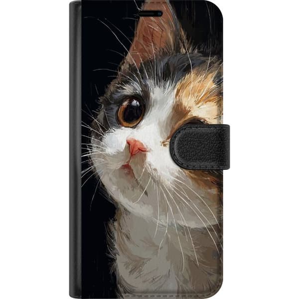 Kompatibel Tegnebogsetui til Apple iPhone 15 Pro Kunstnerisk portræt af trefarvet kat med store brune øjne mod sort baggrund sort