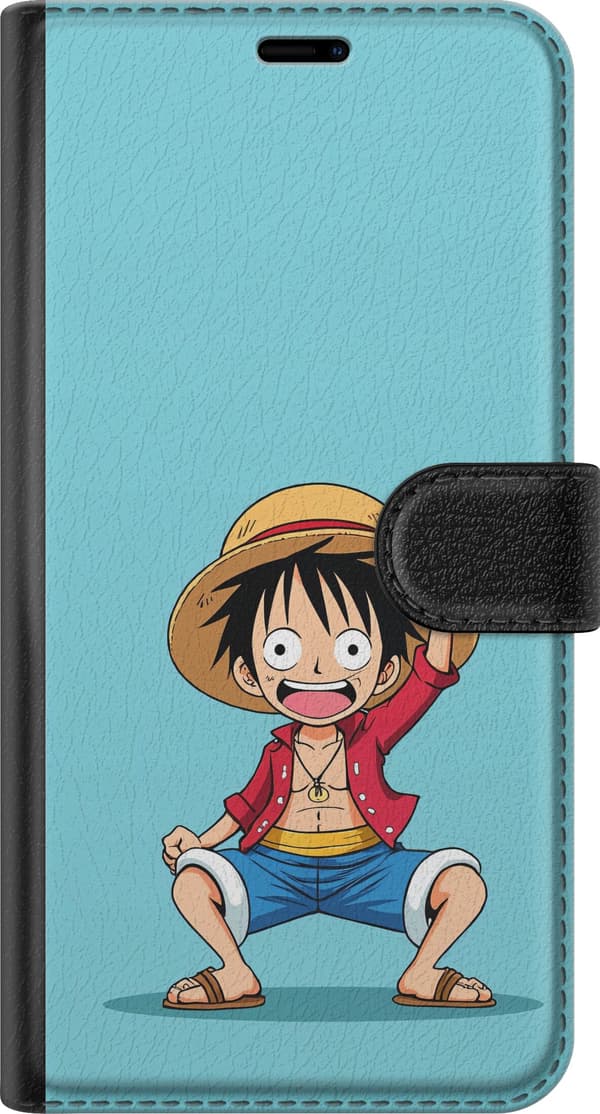 Kompatibel Tegnebogsetui til Apple iPhone 18 Pro Luffy med stråhat og rød jakke mod lyseblå baggrund blå