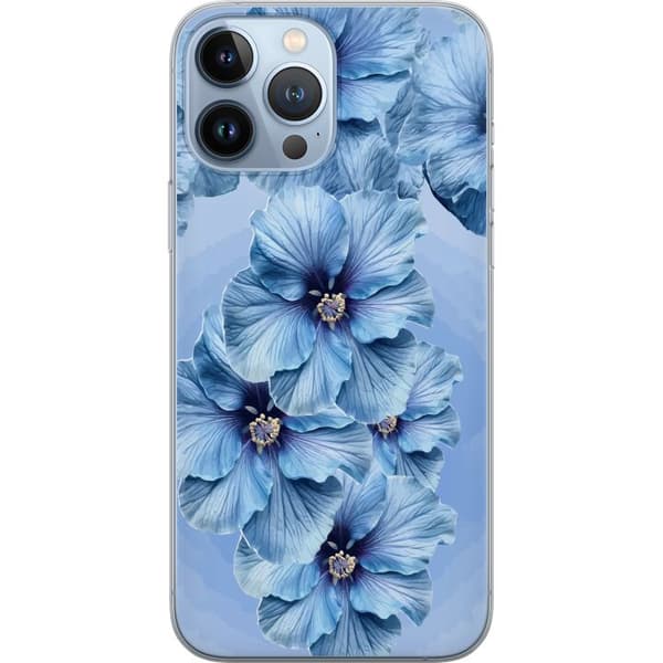Kompatibel Mobilcover til Apple iPhone 13 Pro Max Store lyseblå blomster med mørkeblå centre mod blå baggrund blå