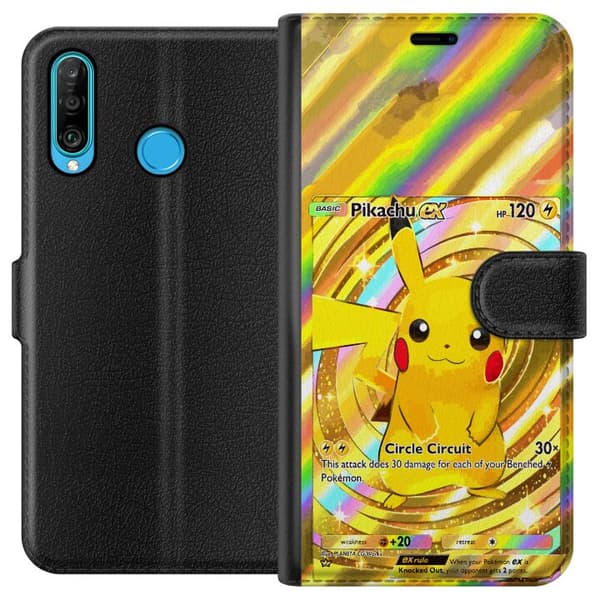 Kompatibelt Lommeboketui til Huawei P30 lite Gullig Pikachu EX samlebilde med regnbueeffekter gull