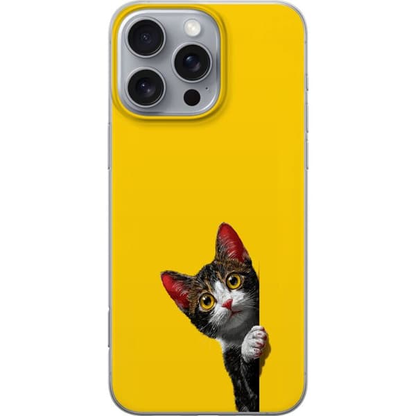 Kompatibel Mobilcover til Apple iPhone 16 Pro Max Sød kat, der kigger ud mod gul minimalistisk baggrund gul