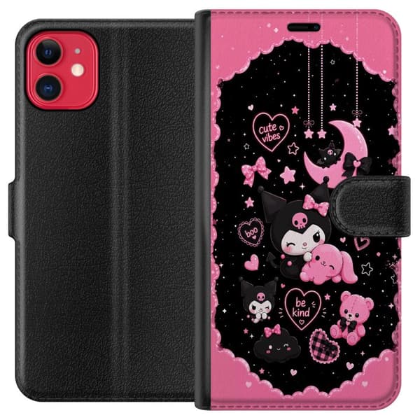 Kompatibel Tegnebogsetui til Apple iPhone 11 Søde lyserøde og sorte gothfigurer med hjerter, måne, stjerner og positiv tekst sort