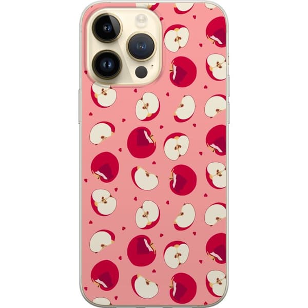 Kompatibelt Mobildeksel til Apple iPhone 15 Pro Max Røde epler, epleskiver og små hjerter på rosa bakgrunn, lekent fruktmønster rosa