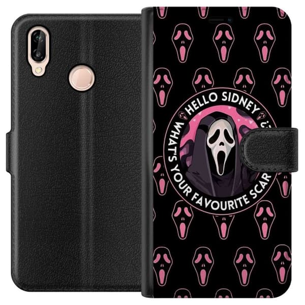 Kompatibel Tegnebogsetui til Huawei P20 lite Sort og rosa skrækmotiv med maskerede figurer og teksten Hello Sidney sort