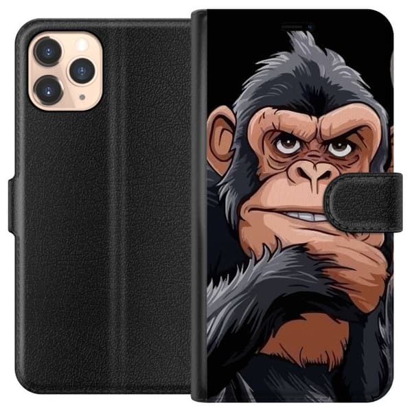 Kompatibel Tegnebogsetui til Apple iPhone 11 Pro Illustreret chimpanse med cigar, der viser langfingeren mod sort baggrund sort