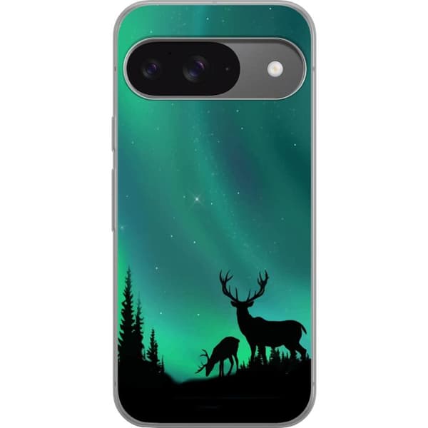 Kompatibelt Mobildeksel til Google Pixel 9 Pro Hjortar i siluett under norrsken