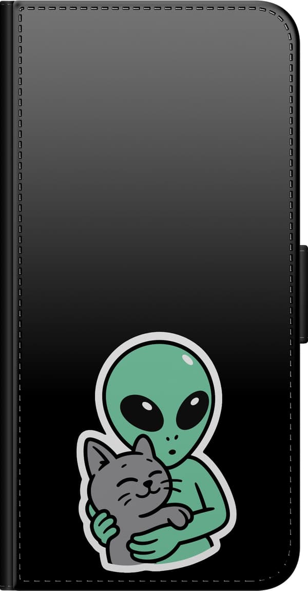 Kompatibelt Plånboksfodral till Xiaomi Redmi Note 9S Alienkram - Grönt motiv med alien som kramar en katt. grön
