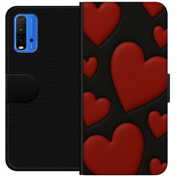 Xiaomi Redmi Note 9 4G Tegnebogsetui Rød Fløjlshjerter