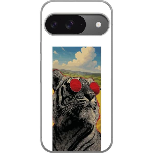 Kompatibelt Mobildeksel til Google Pixel 9 Pro Cool tiger med røde solbriller i popkunststil grå