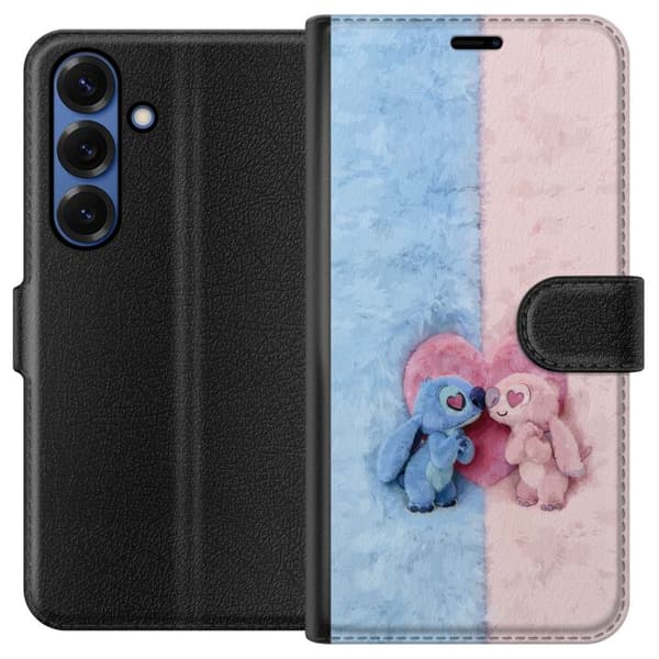 Kompatibel Tegnebogsetui til Samsung Galaxy S25+ Søde blå og lyserøde figurer foran et stort lyserødt hjerte pink