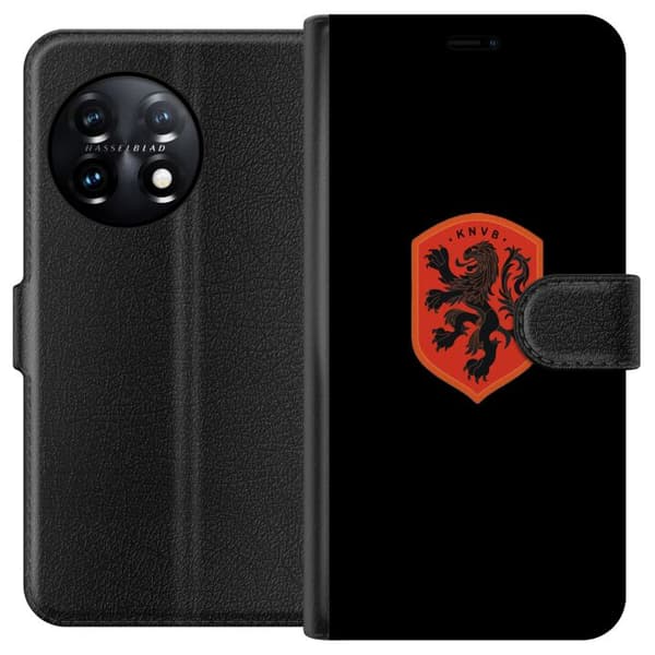 Kompatibel Tegnebogsetui til OnePlus 11 Orange skjold med sort heraldisk løve mod sort baggrund sort
