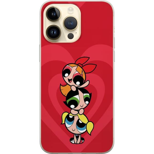 Kompatibelt Mobildeksel til Apple iPhone 14 Pro Max Powerpuffjentene sammen på en rød hjerte bakgrunn rød