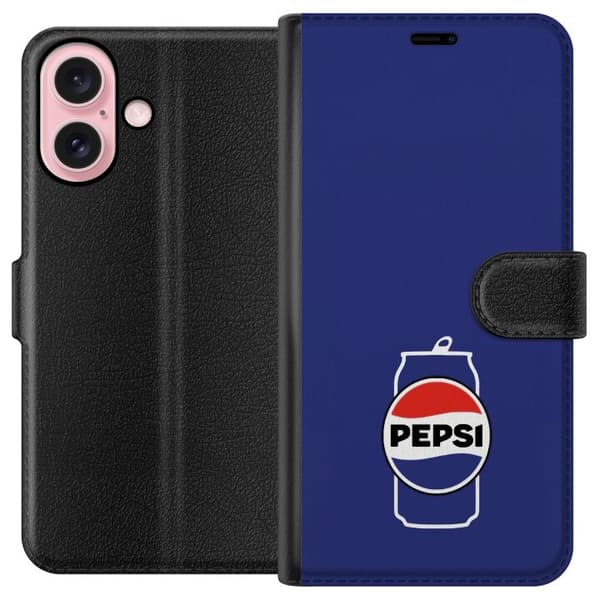 Kompatibelt Lommeboketui til Apple iPhone 16 Retro Pepsi boks på blå bakgrunn med klassisk logo blå