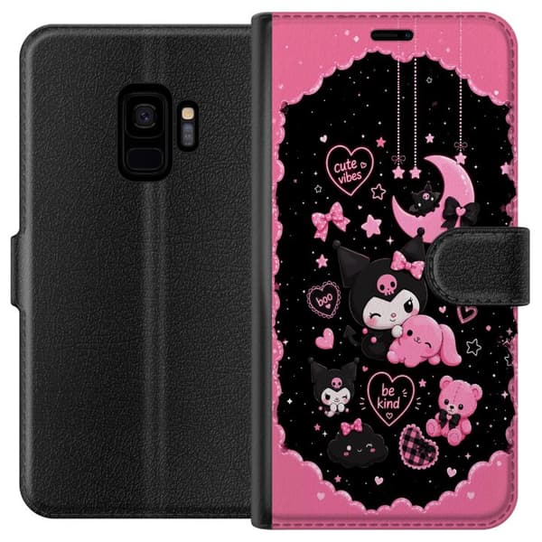 Kompatibel Tegnebogsetui til Samsung Galaxy S9 Søde lyserøde og sorte gothfigurer med hjerter, måne, stjerner og positiv tekst sort