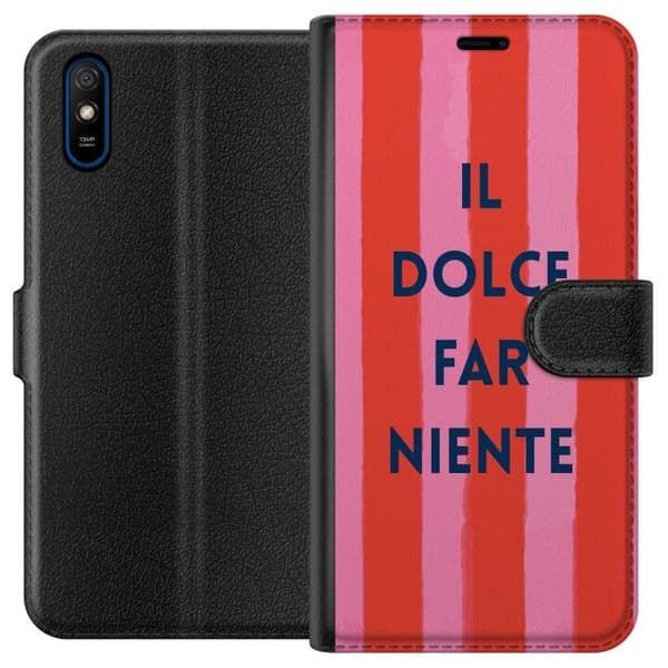 Kompatibel Tegnebogsetui til Xiaomi Redmi 9A Teksten Il Dolce Far Niente i mørkeblåt mod håndmalede rosa og røde striber pink