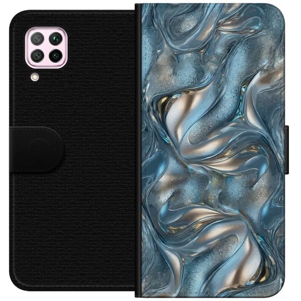 Kompatibel Tegnebogsetui til Huawei P40 lite Abstrakt flydende krom i sølv og blå metallisk effekt sølv