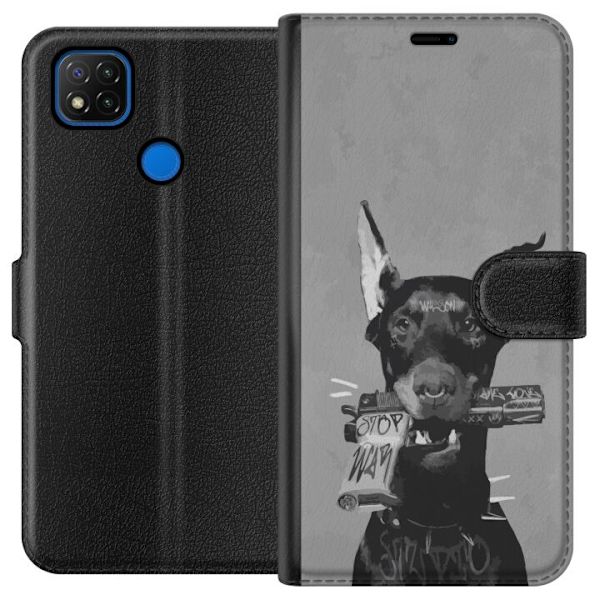 Xiaomi Redmi 9C Plånboksfodral Grå Hund Grafisk Design Tuff Djurmotiv Street Art Urban Trend Hundälskare Stil Populärt Motiv